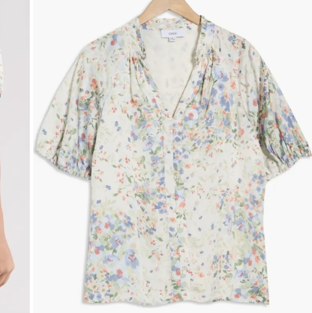 CeCe Split Neck Top Plus  Multicolor Floral Blouse Egret New Size 3X - Picture 3 of 6